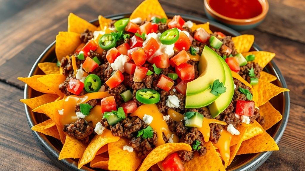 Loaded Beef Nachos Recipe Loaded beef nachos with cheese, beef, tomatoes, jalapeños, and avocado on a wooden table.